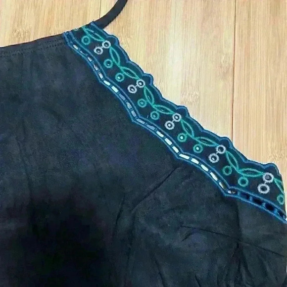 BLACK SUEDE Eyelet Embroidered Trim Self-Tie Halter Neck Open Back Jumpsuit - Picture 6 of 8